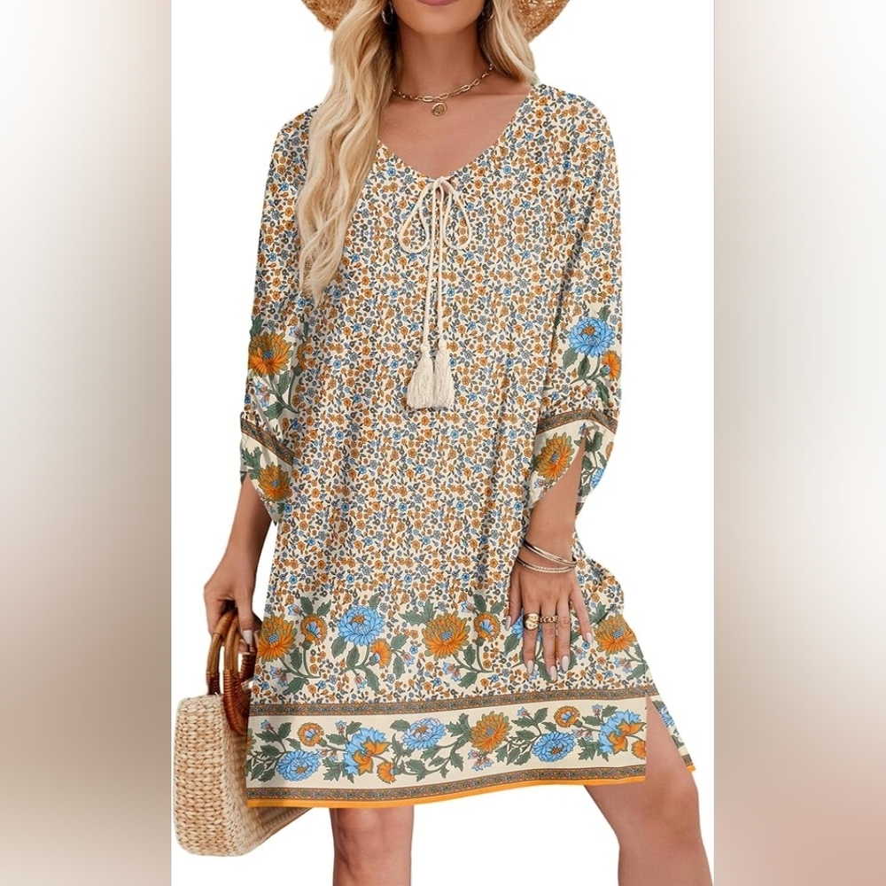 Bohemian Floral Tie-Neck Shift Dress in Cream and Blue